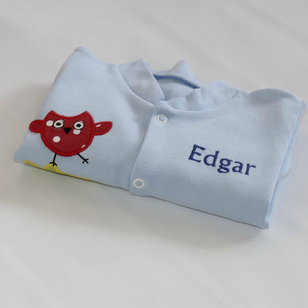 Timeless Classic Baby Blue Organic Sleepsuit with owl applique