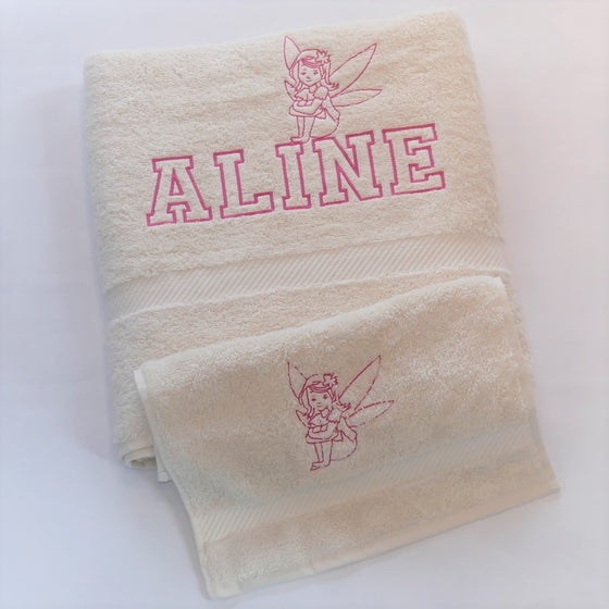 personalised shower towel, fairy, boat, organic cotton