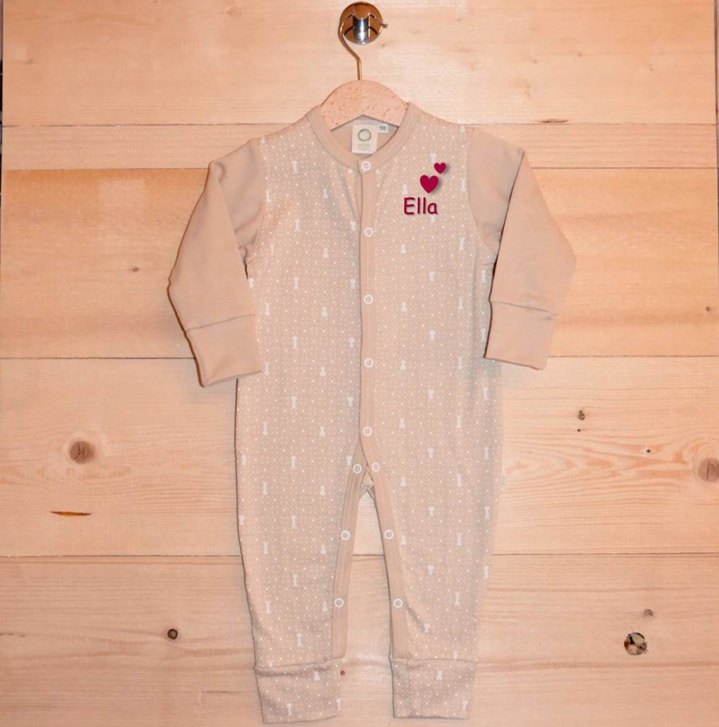 ....Organic Jersey Cotton Sleepsuit - Caramel with ecru print..Grenouillère en coton Jersey bio - Caramel avec motif écru....