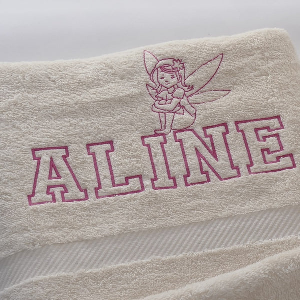 personalised shower towel, fairy, boat, organic cotton